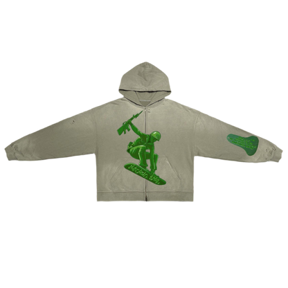 ‘SOLDIERS OF GOD’ Unisex Washed Distressed Dystopian Streetwear Zip-Up Hoodie(420GSM)