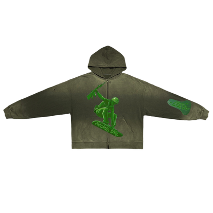 ‘SOLDIERS OF GOD’ Unisex Washed Distressed Dystopian Streetwear Zip-Up Hoodie(420GSM)