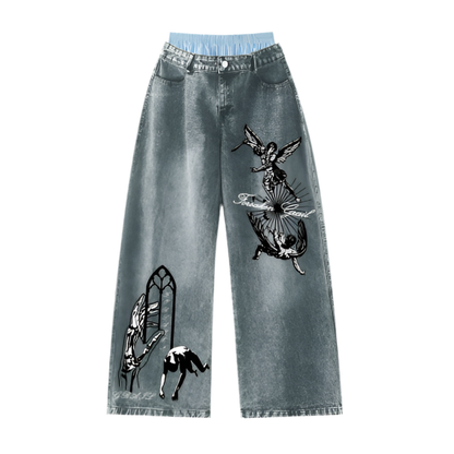 ‘Forsaken Wasted Waists’ Unisex Design Wide Leg Jeans
