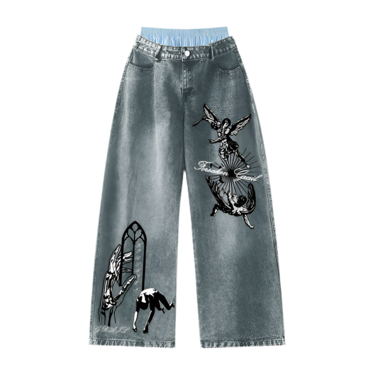 ‘Forsaken Wasted Waists’ Unisex Design Wide Leg Jeans