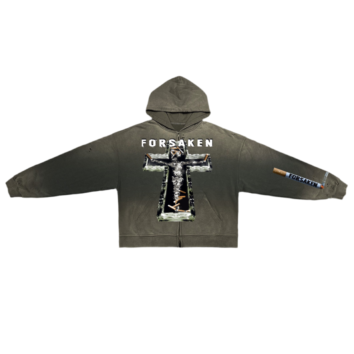 ‘SMOKE BREAK’ Unisex Washed Distressed Dystopian Streetwear Zip-Up Hoodie(420GSM)