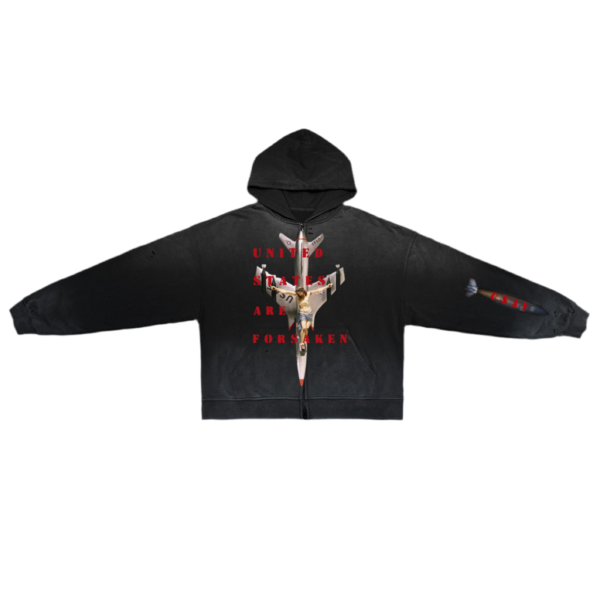‘U. S. A. F.’ Unisex Washed Distressed Dystopian Streetwear Zip-Up Hoodie(420GSM)