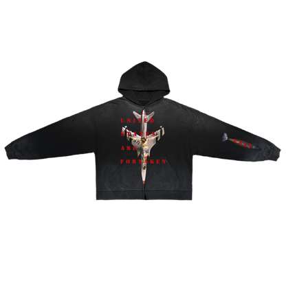 ‘U. S. A. F.’ Unisex Washed Distressed Dystopian Streetwear Zip-Up Hoodie(420GSM)
