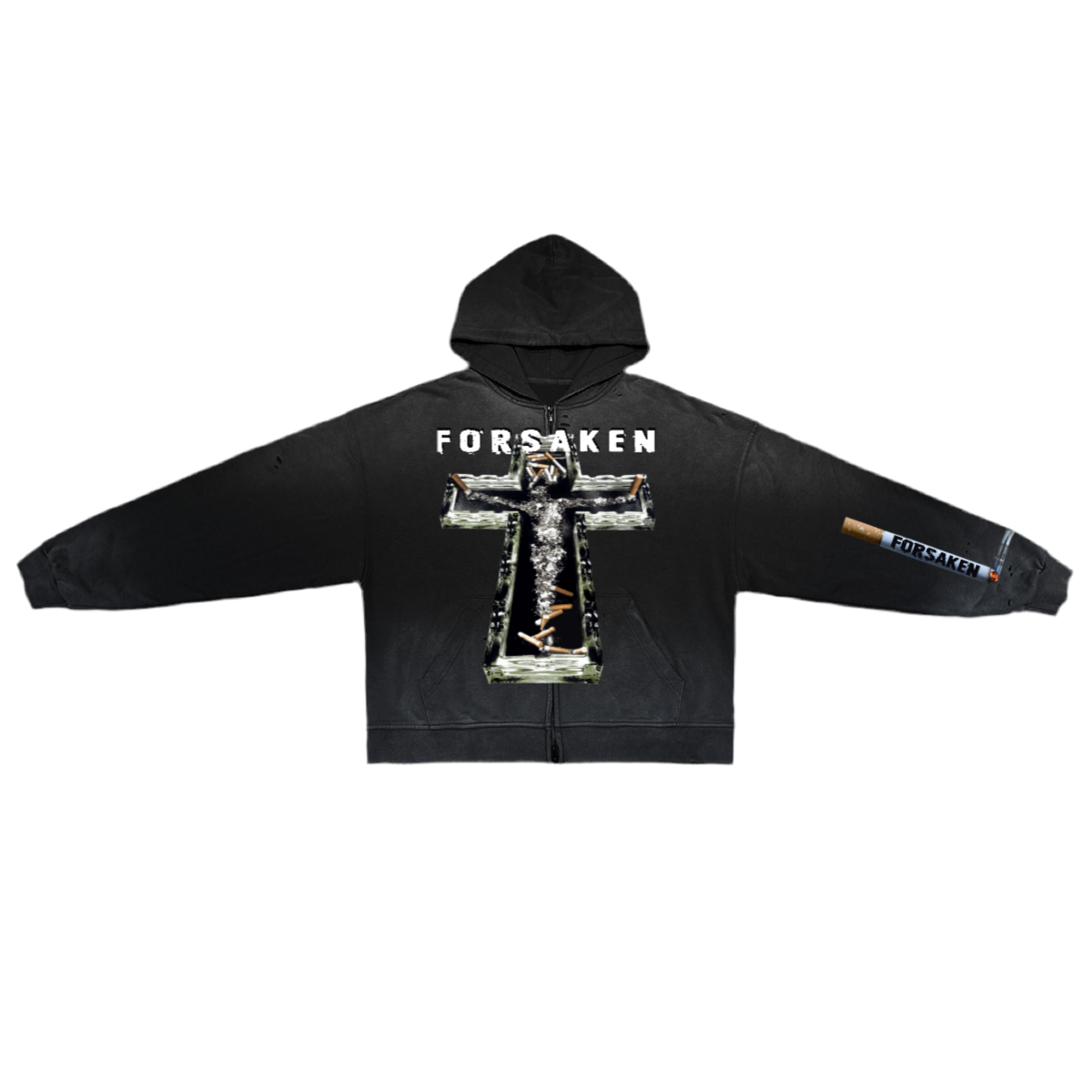 ‘SMOKE BREAK’ Unisex Washed Distressed Dystopian Streetwear Zip-Up Hoodie(420GSM)