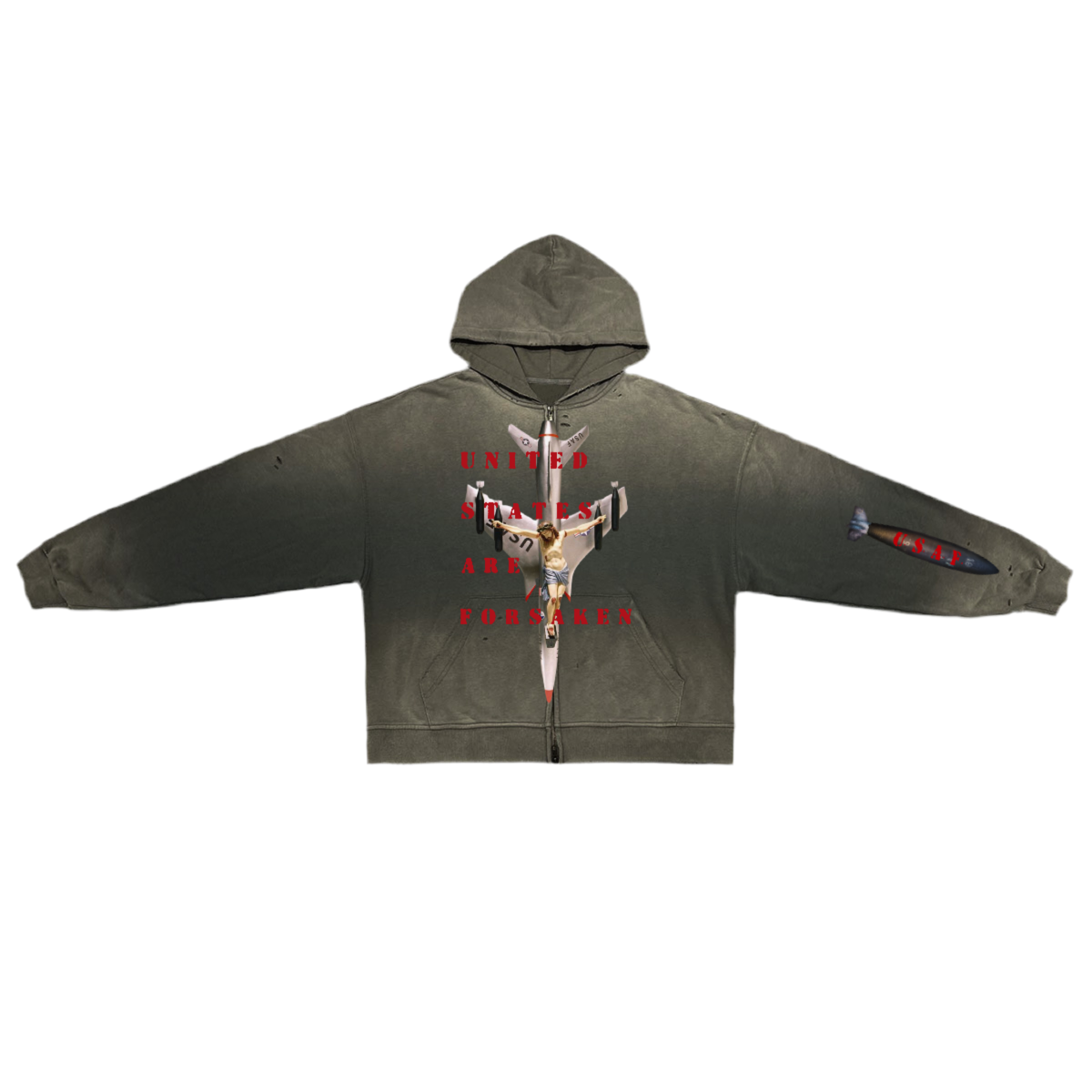 ‘U. S. A. F.’ Unisex Washed Distressed Dystopian Streetwear Zip-Up Hoodie(420GSM)