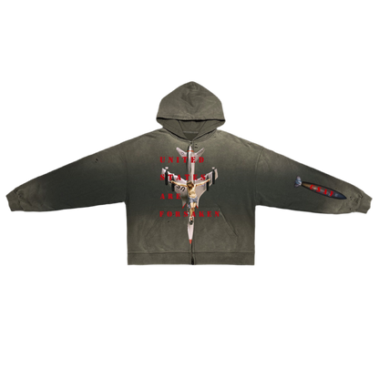 ‘U. S. A. F.’ Unisex Washed Distressed Dystopian Streetwear Zip-Up Hoodie(420GSM)