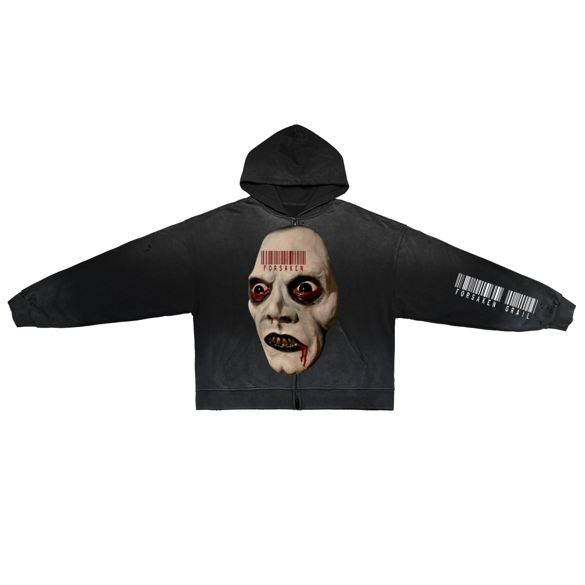 ‘Forsaken Price’ Unisex Washed Distressed Dystopian Streetwear Zip-Up Hoodie(420GSM)