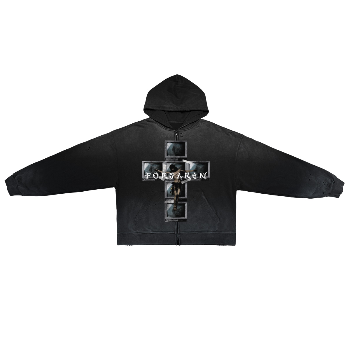 ‘Forsaken Programming’ Unisex Washed Distressed Dystopian Streetwear Zip-Up Hoodie(420GSM)
