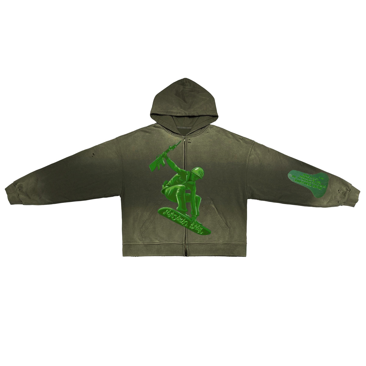 ‘SOLDIERS OF GOD’ Unisex Washed Distressed Dystopian Streetwear Zip-Up Hoodie(420GSM)
