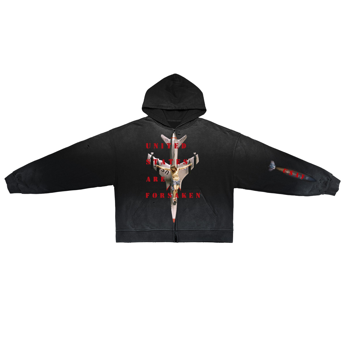 ‘U. S. A. F.’ Unisex Washed Distressed Dystopian Streetwear Zip-Up Hoodie(420GSM)