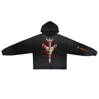 ‘U. S. A. F.’ Unisex Washed Distressed Dystopian Streetwear Zip-Up Hoodie(420GSM)