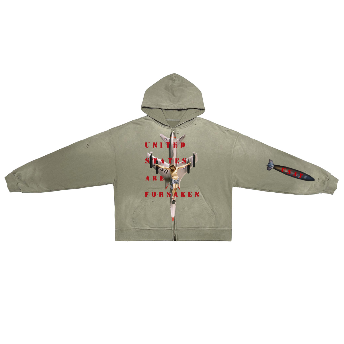 ‘U. S. A. F.’ Unisex Washed Distressed Dystopian Streetwear Zip-Up Hoodie(420GSM)