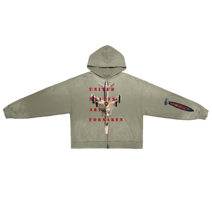 ‘U. S. A. F.’ Unisex Washed Distressed Dystopian Streetwear Zip-Up Hoodie(420GSM)