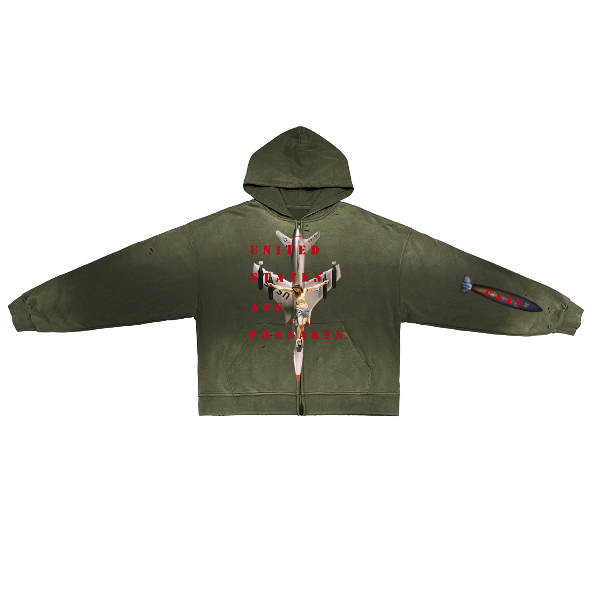 ‘U. S. A. F.’ Unisex Washed Distressed Dystopian Streetwear Zip-Up Hoodie(420GSM)