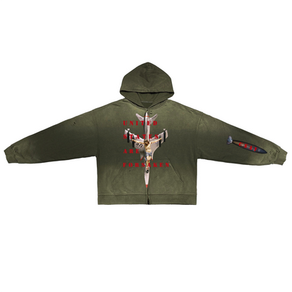 ‘U. S. A. F.’ Unisex Washed Distressed Dystopian Streetwear Zip-Up Hoodie(420GSM)