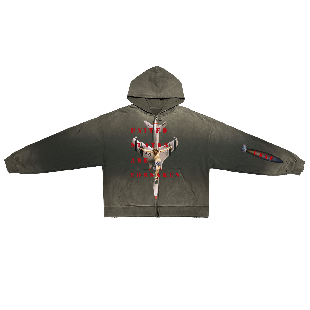 ‘U. S. A. F.’ Unisex Washed Distressed Dystopian Streetwear Zip-Up Hoodie(420GSM)