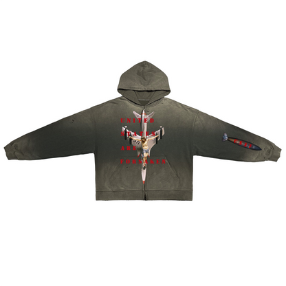 ‘U. S. A. F.’ Unisex Washed Distressed Dystopian Streetwear Zip-Up Hoodie(420GSM)