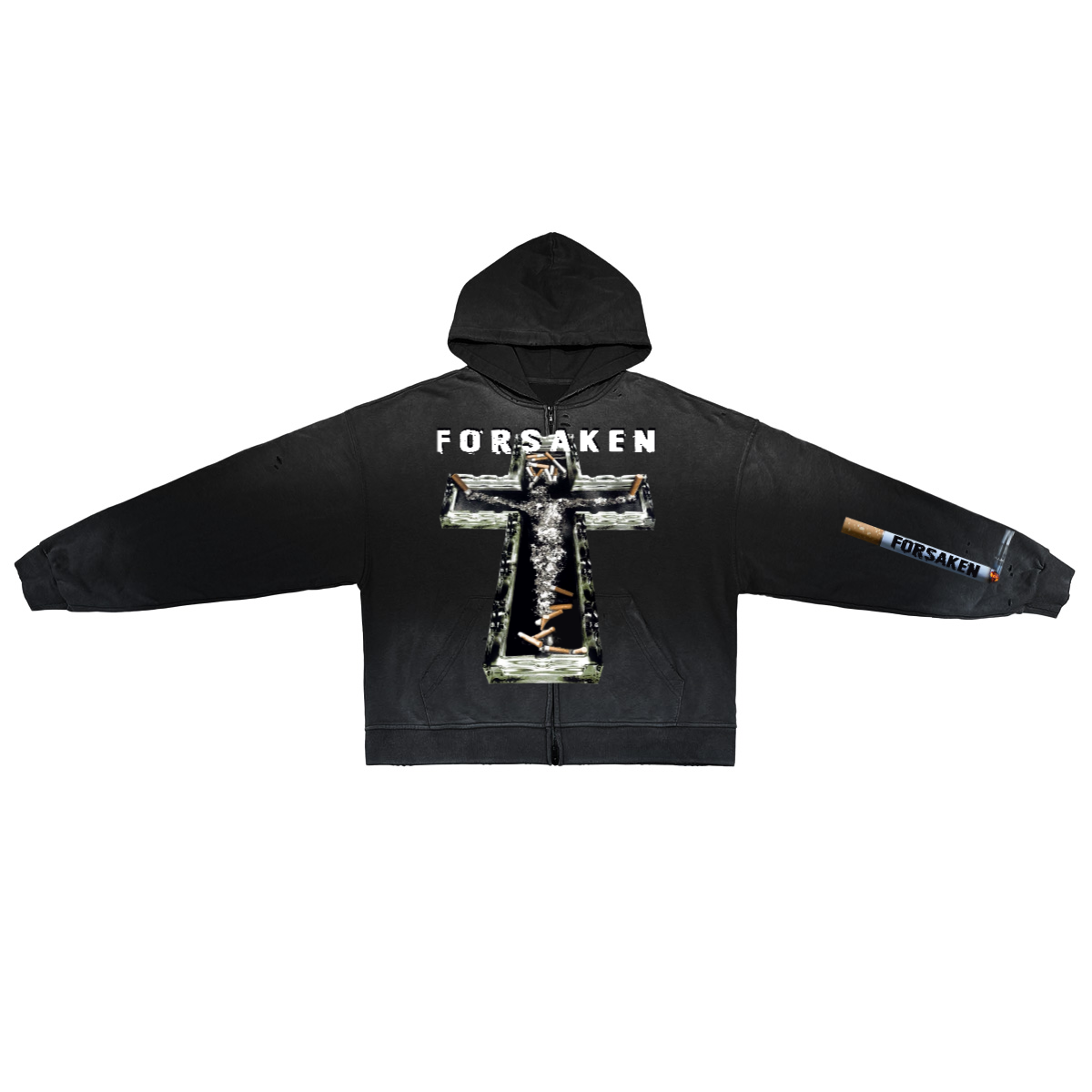 ‘SMOKE BREAK’ Unisex Washed Distressed Dystopian Streetwear Zip-Up Hoodie(420GSM)