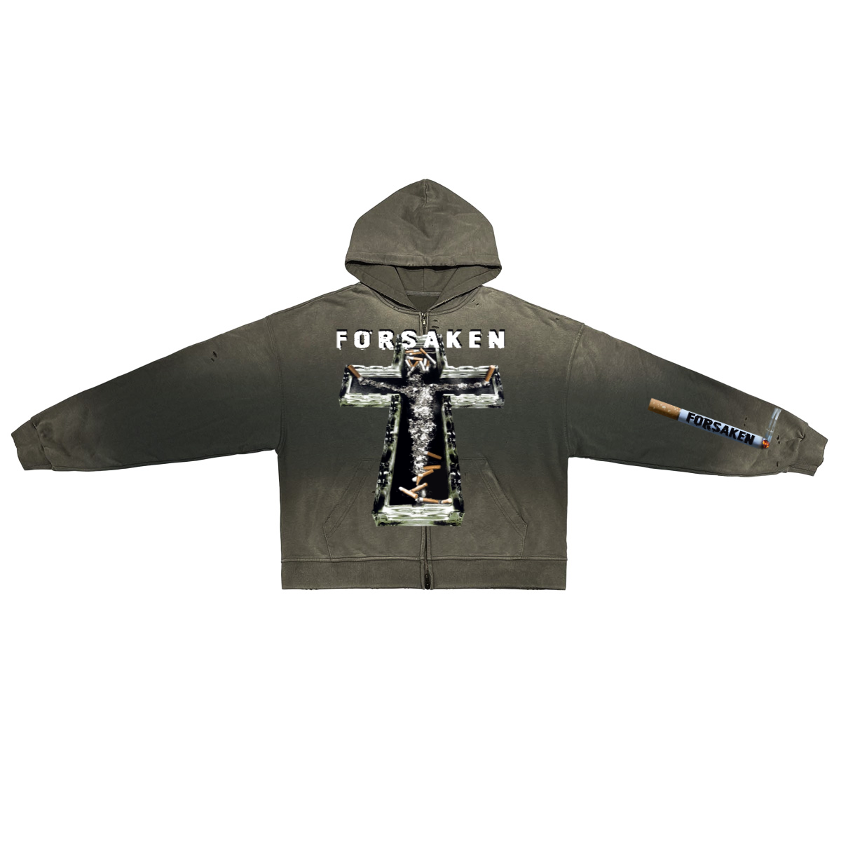 ‘SMOKE BREAK’ Unisex Washed Distressed Dystopian Streetwear Zip-Up Hoodie(420GSM)