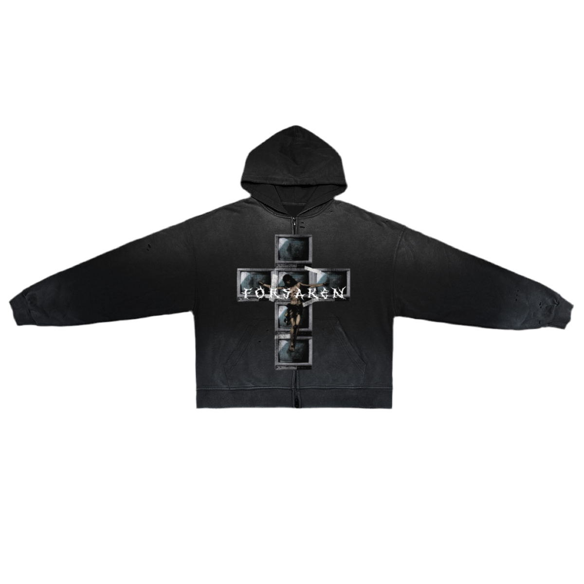 ‘Forsaken Programming’ Unisex Washed Distressed Dystopian Streetwear Zip-Up Hoodie(420GSM)
