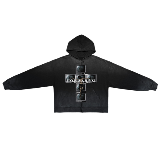 ‘Forsaken Programming’ Unisex Washed Distressed Dystopian Streetwear Zip-Up Hoodie(420GSM)