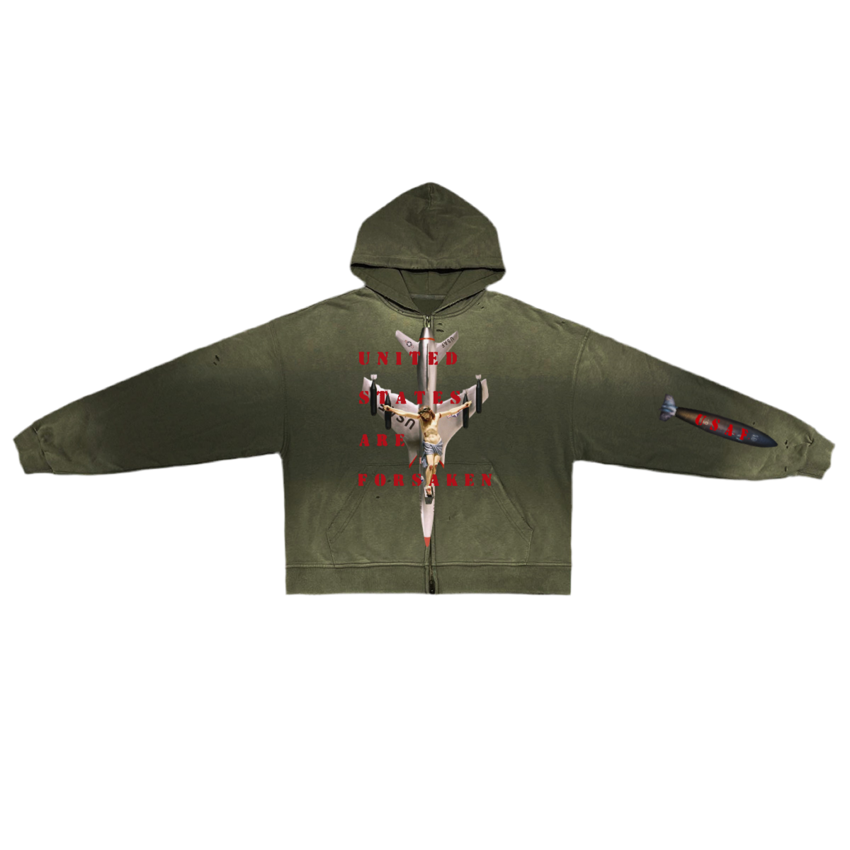 ‘U. S. A. F.’ Unisex Washed Distressed Dystopian Streetwear Zip-Up Hoodie(420GSM)