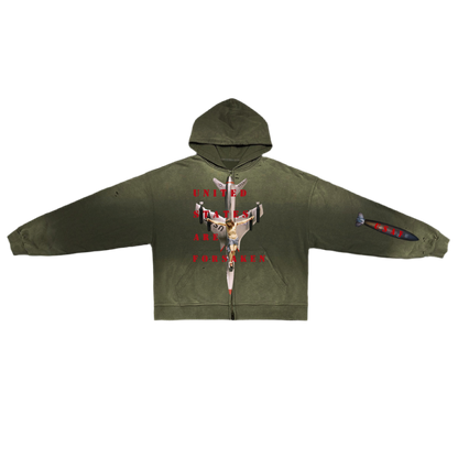‘U. S. A. F.’ Unisex Washed Distressed Dystopian Streetwear Zip-Up Hoodie(420GSM)