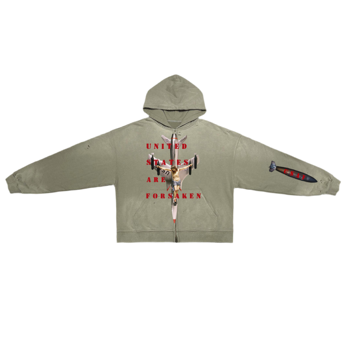 ‘U. S. A. F.’ Unisex Washed Distressed Dystopian Streetwear Zip-Up Hoodie(420GSM)