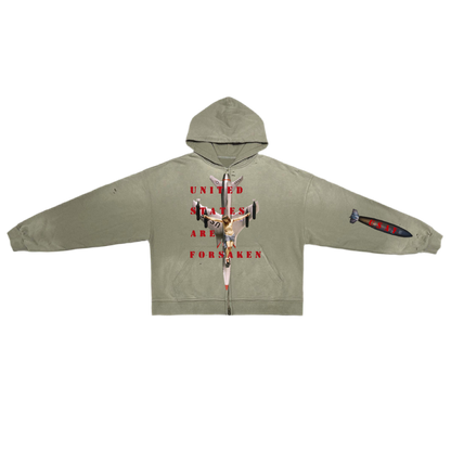 ‘U. S. A. F.’ Unisex Washed Distressed Dystopian Streetwear Zip-Up Hoodie(420GSM)